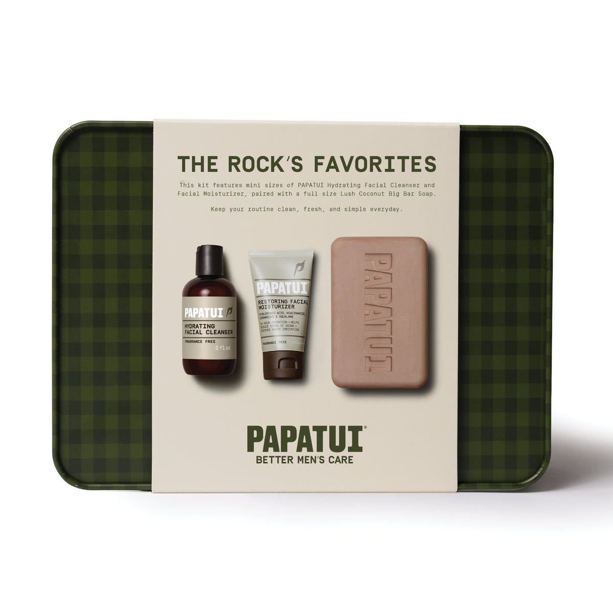 PAPATUI Holiday Favorites Tin from "The Rock" - Facial Cleanser - Moisturizer - Big Bar Soap - Men's Gift Set 3ct