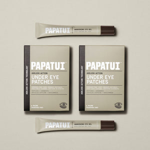 PAPATUI™ Eye Revival Duo Bundle featuring 2 of the Awakening Eye Gel and 2 of the Ageless Action Under Eye Patches. Products are displayed with consistent amber packaging and beige branding.