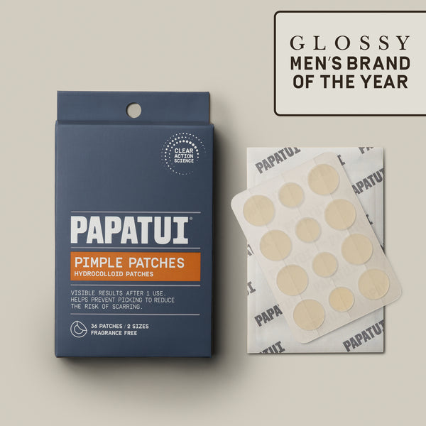 This image shows Papatui Pimple Patches front of pack with the Men's Glossy Brand of the year award.