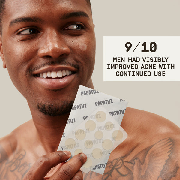 This image shows Papatui Pimple Patch results reading "9/10 men had visibly improved acne with continued use."