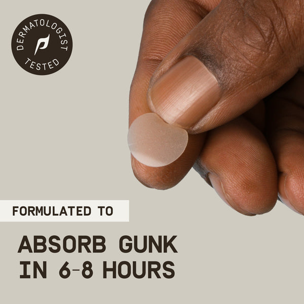 This image shows Papatui Pimple Patches with a dermatologist tested badge and text reading "formulated to absorb gunk in 6-8 hours."
