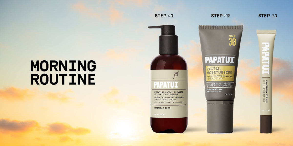 PAPATUI Hydrating Facial Cleanser, PAPATUI Facial Moisturizer with SPF, and PAPATUI Awakening Eye Gel against a sunrise image background with text overlay that reads "Step #1, Step #1, Step #3," and "Morning Routine"