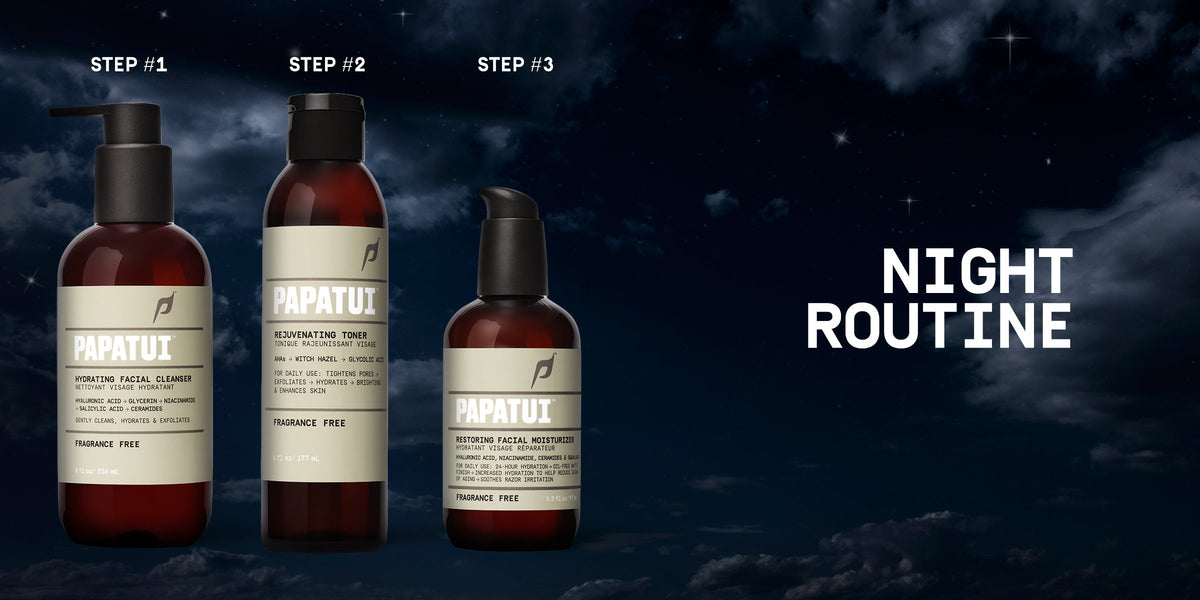 PAPATUI Hydrating Facial Cleanser, PAPATUI Rejuvenating Toner, and PAPATUI Restoring Facial Moisturizer against a night sky image background with text overlay that reads "Step #1, Step #1, Step #3," and "Night Routine"