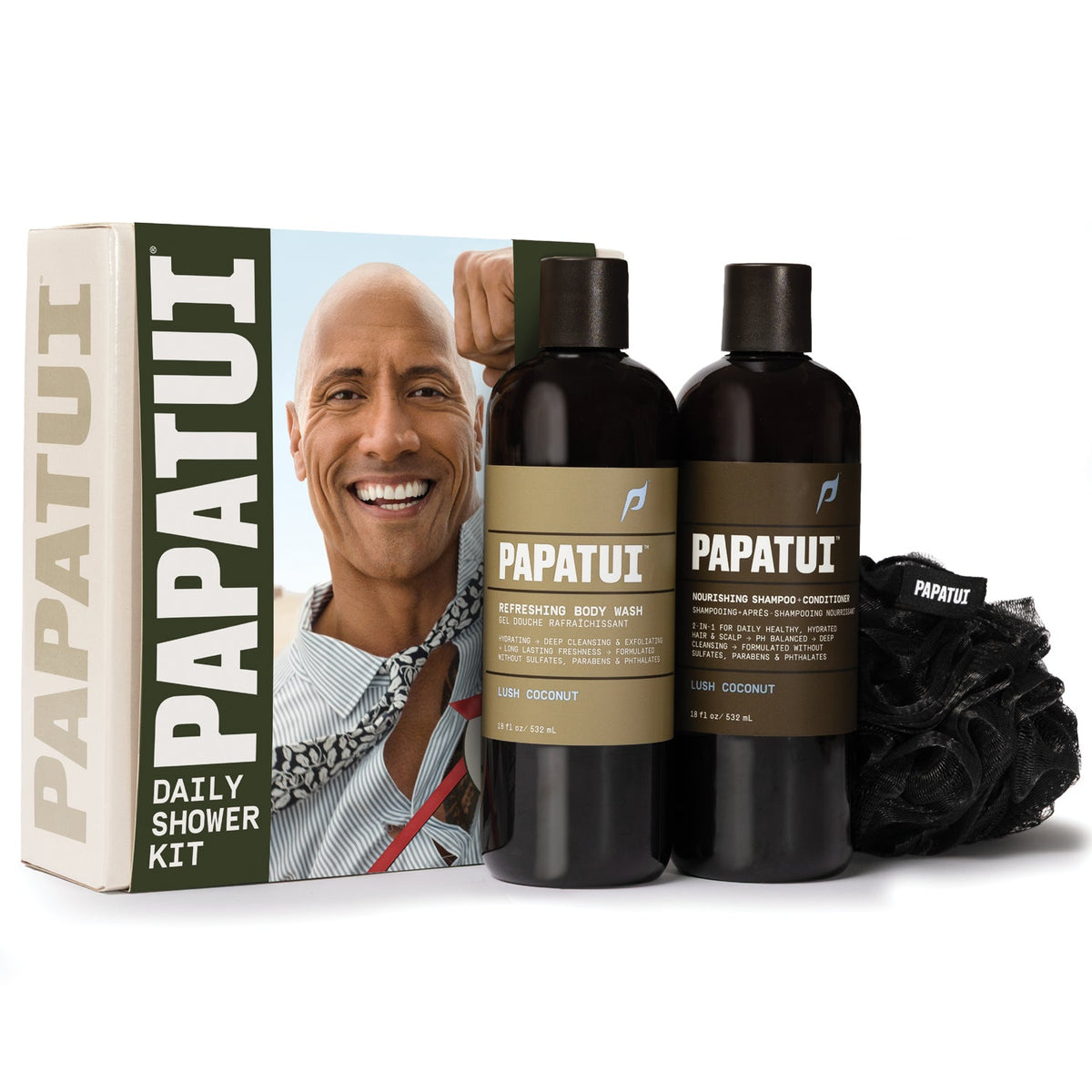 PAPATUI Men's Gift Set, Full Shower Routine, 18 oz Shampoo + Conditioner, Body Wash, Loofah, Lush Coconut