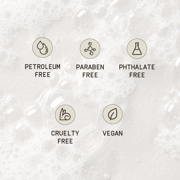 PAPATUI™ Mens Enriching Big Bar Soap 7oz features a foamy white background with five beige circular icons highlighting clean key product benefits: formulated without sulfates, paraben-free, phthalate-free, cruelty-free, and vegan, reinforcing the soap’s clean and ethical formulation.