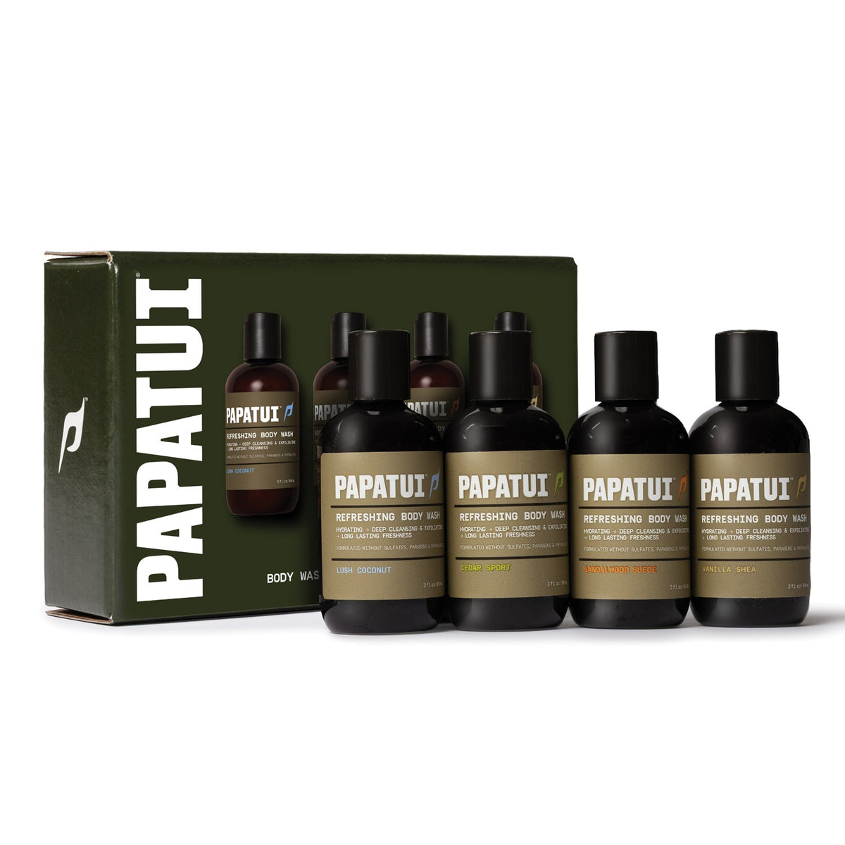 PAPATUI Men’s Gift Set, Body Wash Sampler Pack, 4 x 3 oz Trial Size, 4 Signature Scents