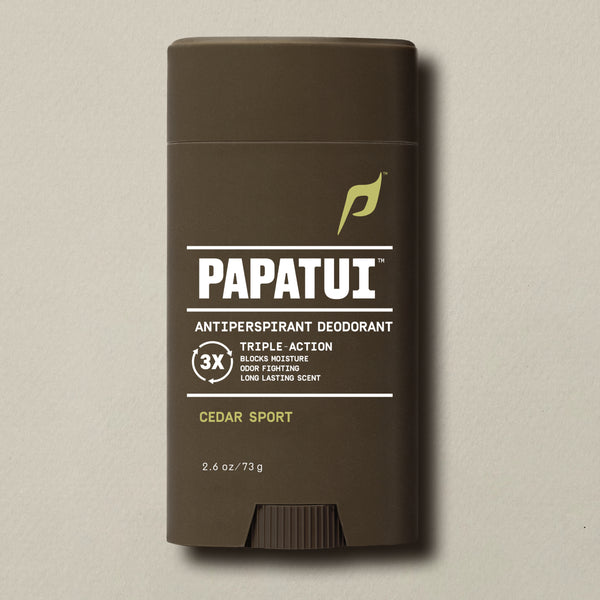 Papatui Cedar Sport Antiperspirant Deodorant on a beige background - front of pack

