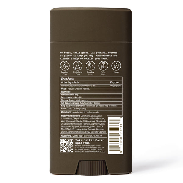 Back label of a Papatui antiperspirant deodorant on a white background