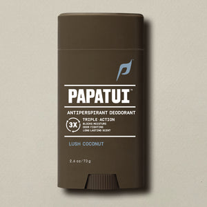 Papatui Lush Coconut Antiperspirant Deodorant on a beige background - front of pack