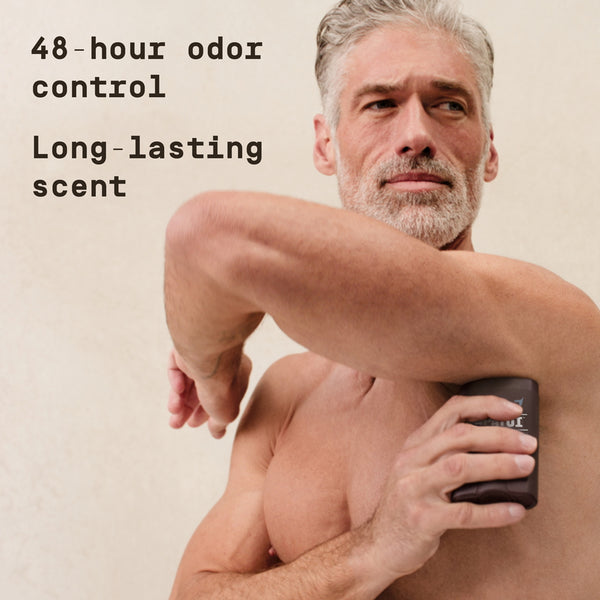 Man applying Papatui anti-perspirant deodorant with text about odor control and long-lasting scent on a beige background