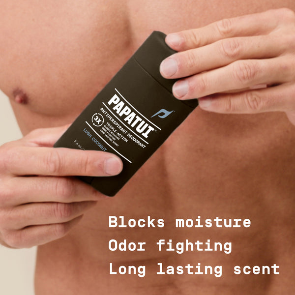 Person holding a Papatui antiperspirant stick with text highlighting features: blocks moisture, fights odor, and has a long lasting scent.
