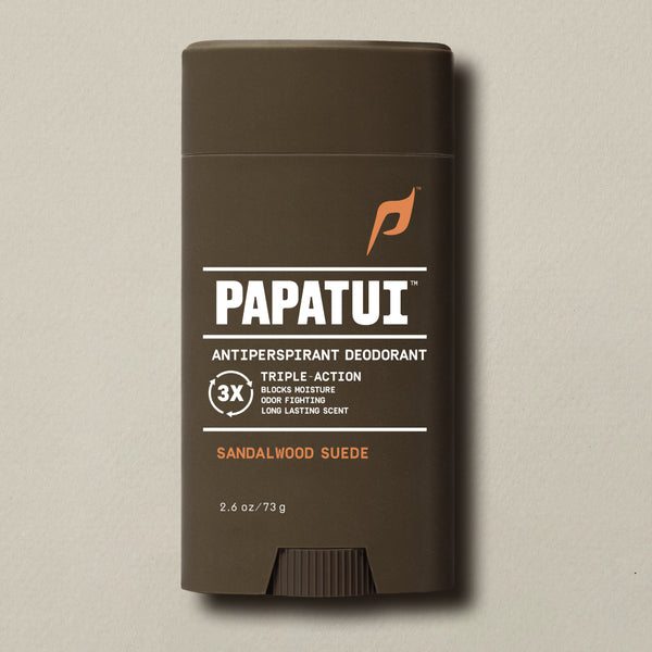 Papatui Sandalwood Suede Antiperspirant Deodorant on a beige background - front of pack