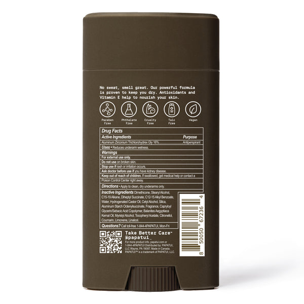 Back label of a Papatui antiperspirant deodorant on a white background