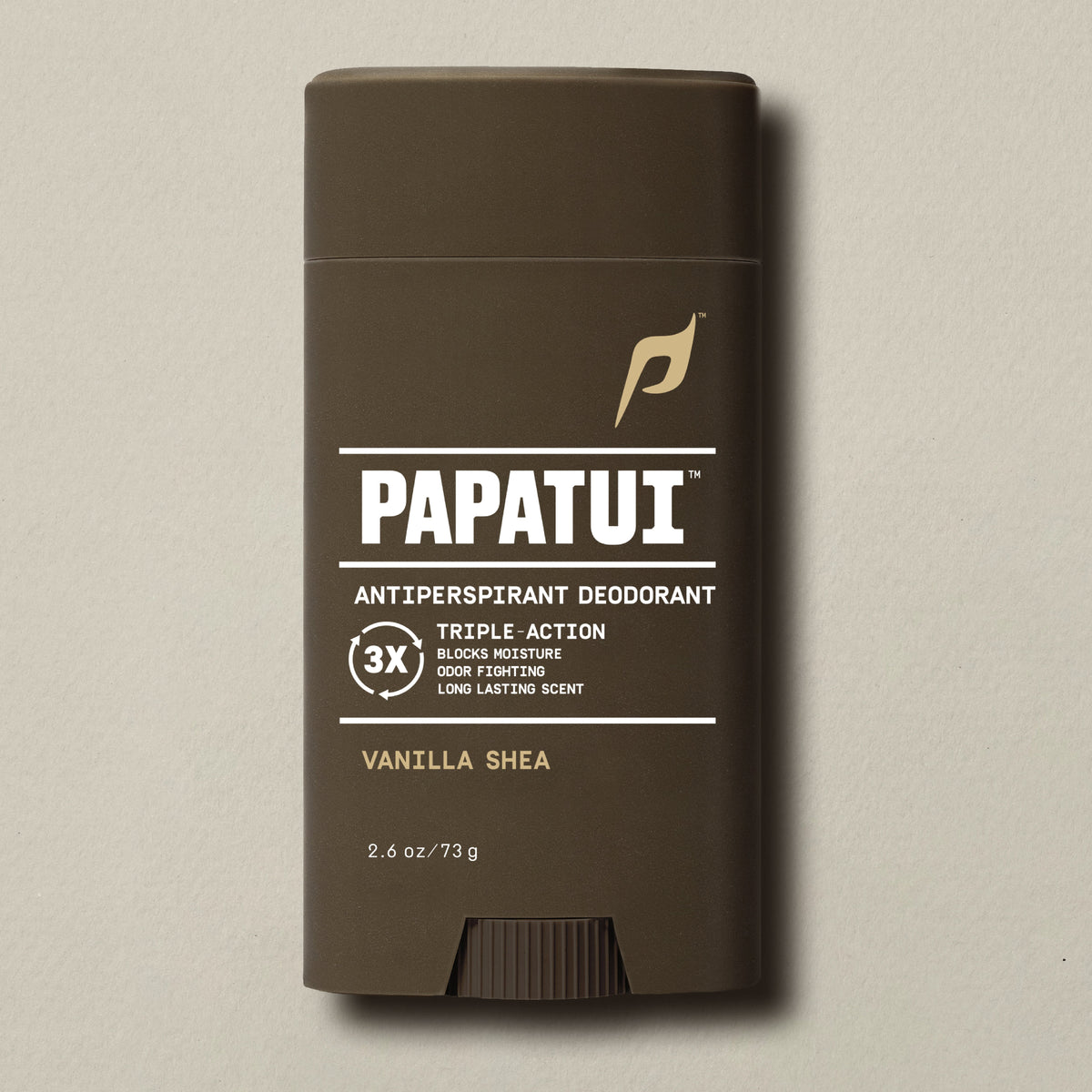 Papatui Vanilla Shea Antiperspirant Deodorant stick on a neutral background