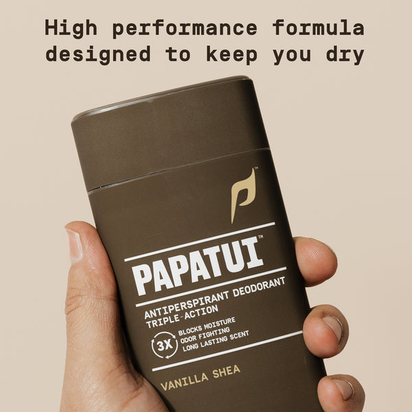 Papatui antiperspirant deodorant stick held in a hand with text about high performance formula.