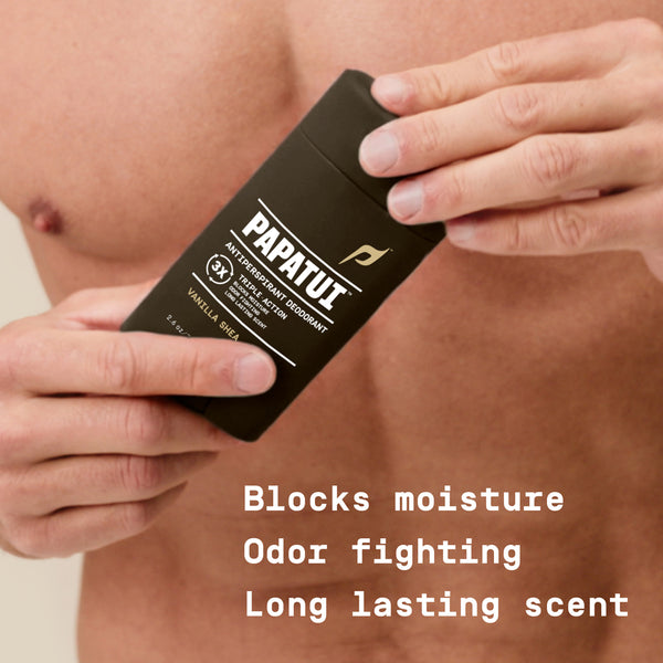 Person holding a Papatui antiperspirant stick with text highlighting features: blocks moisture, fights odor, and has a long lasting scent.