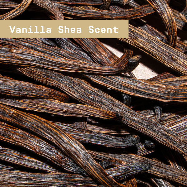 Close-up of vanilla beans with 'Vanilla Shea Scent' text overlay - Papatui Mens Care