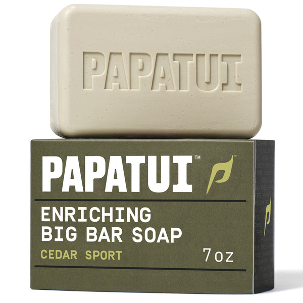 PAPATUI™ Cedar Sport Enriching Big Bar Soap 7oz moisturizing mens bar soap enriched with Vitamin B3, mango butter, avocado oil, and ceramides. Designed to cleanse and hydrate for long-lasting freshness. 