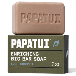 PAPATUI™ Lush Coconut Enriching Big Bar Soap 7oz moisturizing mens bar soap enriched with Vitamin B3, mango butter, avocado oil, and ceramides. Designed to cleanse and hydrate for long-lasting freshness. 