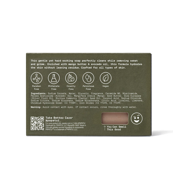 Papatui soap bar and back  of packaging on a white background
