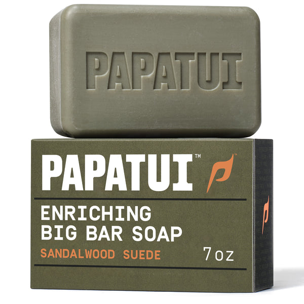 PAPATUI™ Sandalwood Suede Enriching Big Bar Soap 7oz moisturizing mens bar soap enriched with Vitamin B3, mango butter, avocado oil, and ceramides. Designed to cleanse and hydrate for long-lasting freshness. 