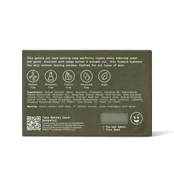 Papatui soap bar and back of packaging on a white background