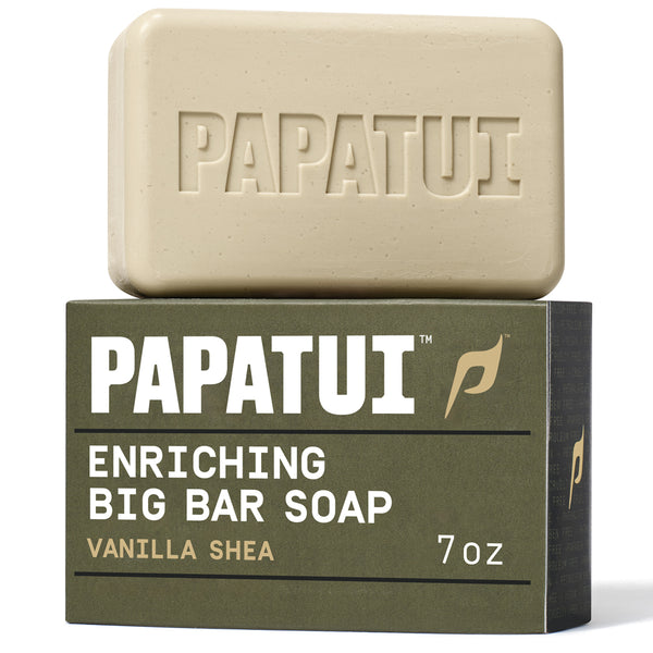 PAPATUI™ Vanilla Shea Enriching Big Bar Soap 7oz moisturizing mens bar soap enriched with Vitamin B3, mango butter, avocado oil, and ceramides. Designed to cleanse and hydrate for long-lasting freshness. 