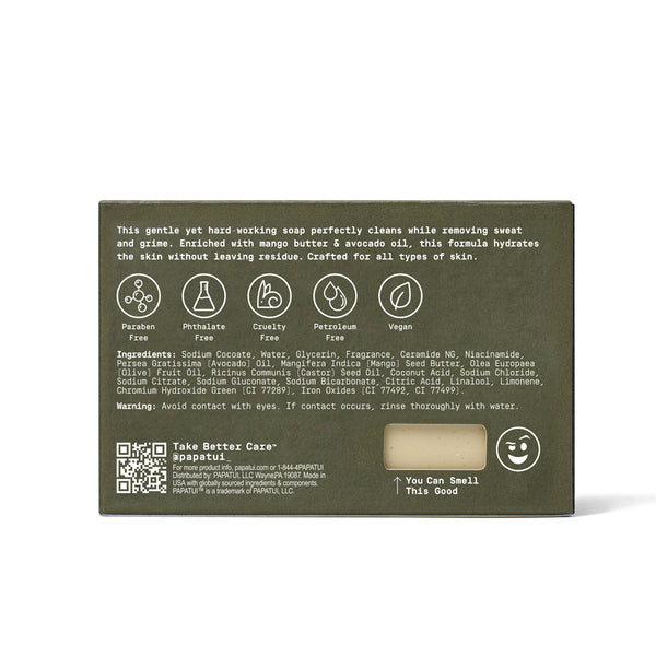 Papatui soap bar and back of packaging on a white background