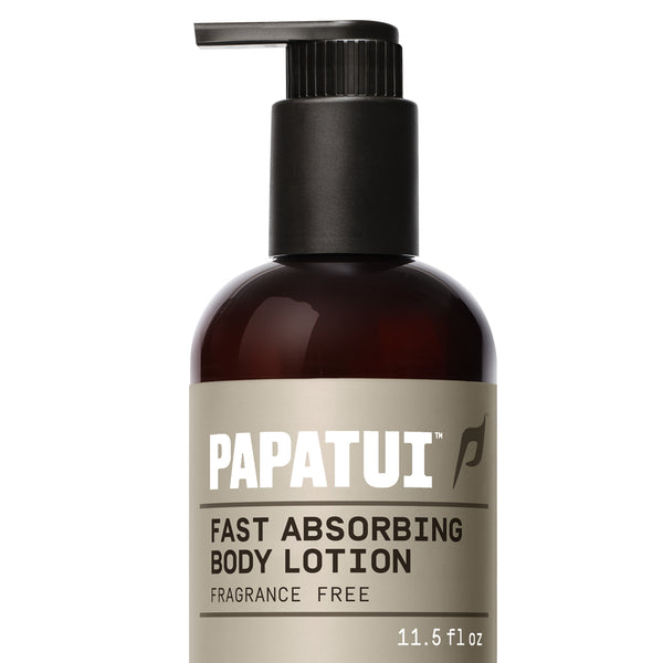 PAPATUI™ Unscented Fast Absorbing Body Lotion 11.5 fl oz Hydrating men's body lotion enriched with Vitamin B3 and ceramides for 24-hour moisturization. Designed for daily use with a super fast-absorbing, non-greasy formula. The image features a sleek amber bottle with a black pump dispenser, and a brown label with bold white typography displaying the PAPATUI™ logo. 