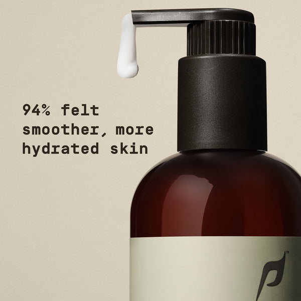 Lotion bottle with lotion coming out of the pump opening with "94% felt smoother, more hydrated skin" text overlay - Papatui Body Care
