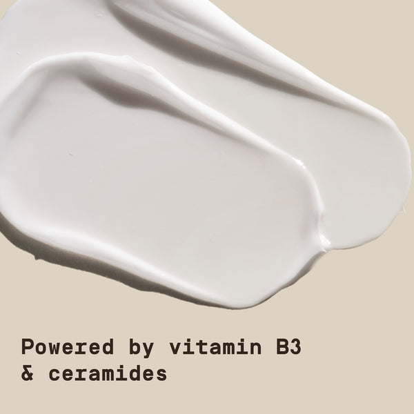 A stroke of Papatui Fast Absorbing lotion on a beige background with text 'Powered by vitamin B3 & ceramides'.