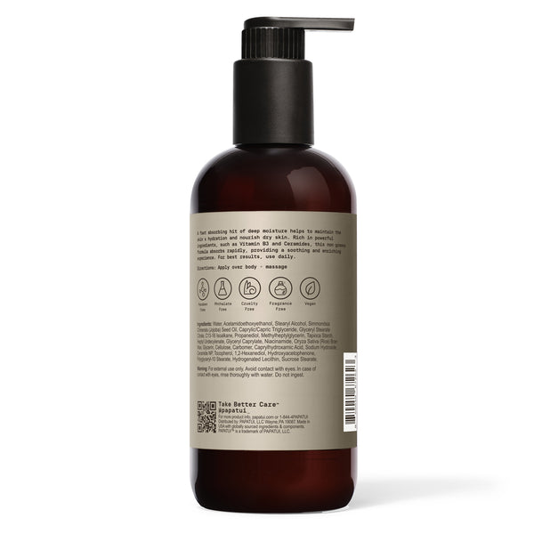 Papatui fast-absorbing body lotion bottle - back of pack on a white background