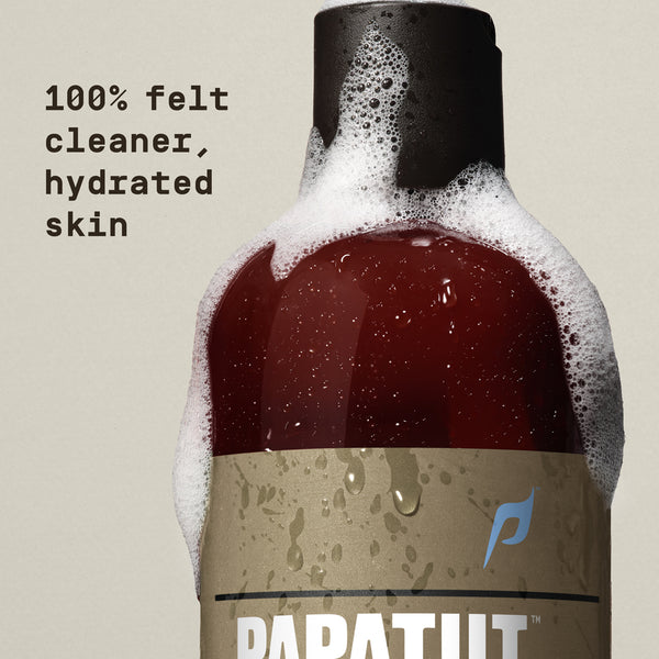 Body wash bubbles on bottle with "100% felt cleaner, hydrated skin" text overlay - Papatui Body Wash

