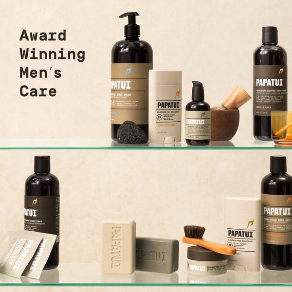 Papatui men's care products displayed on shelves with 'Award Winning Men's Care' text. - Papatui Men's Care