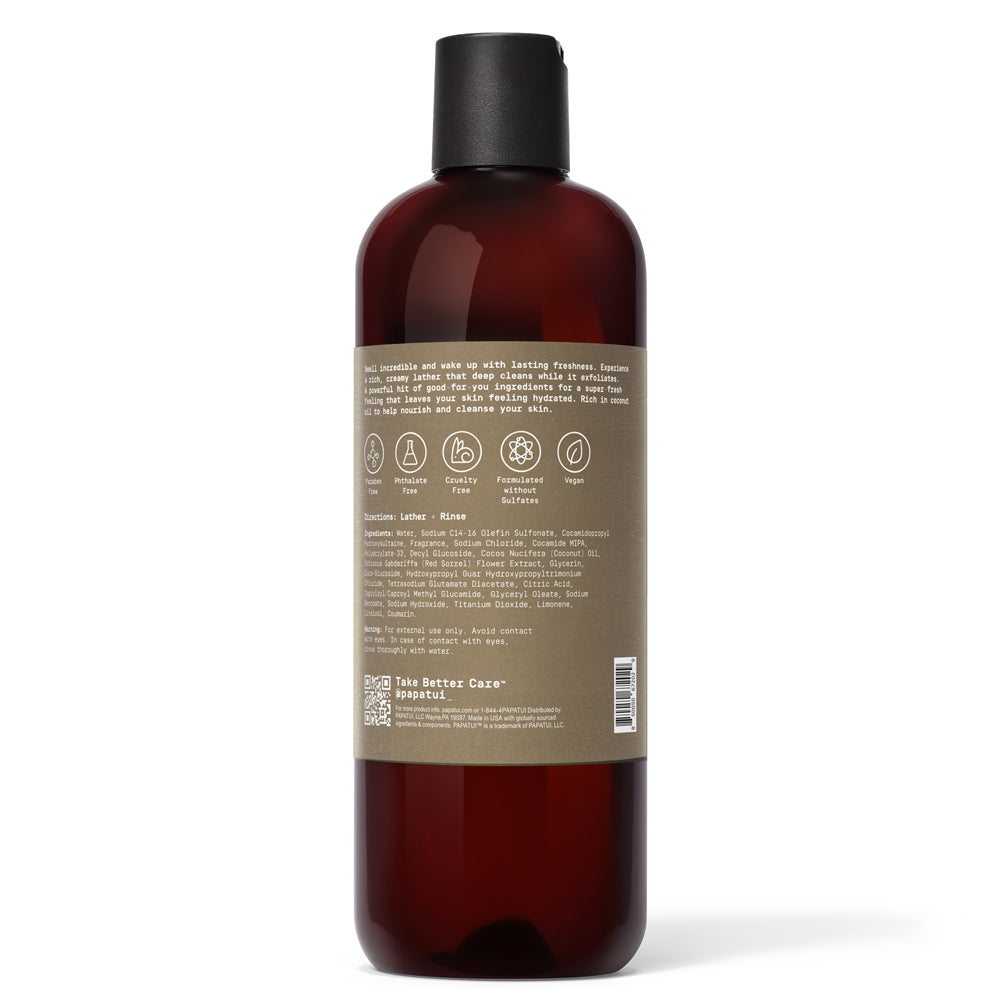 Papatui Lush Coconut body wash bottle on a white background - back of pack