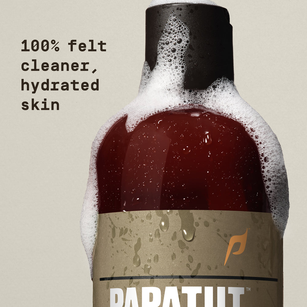 Body wash bubbles on bottle with "100% felt cleaner, hydrated skin" text overlay - Papatui Body Wash