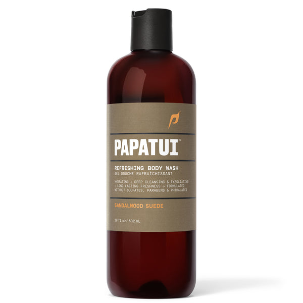 Papatui Sandalwood Suede body wash bottle on a white background - front of pack