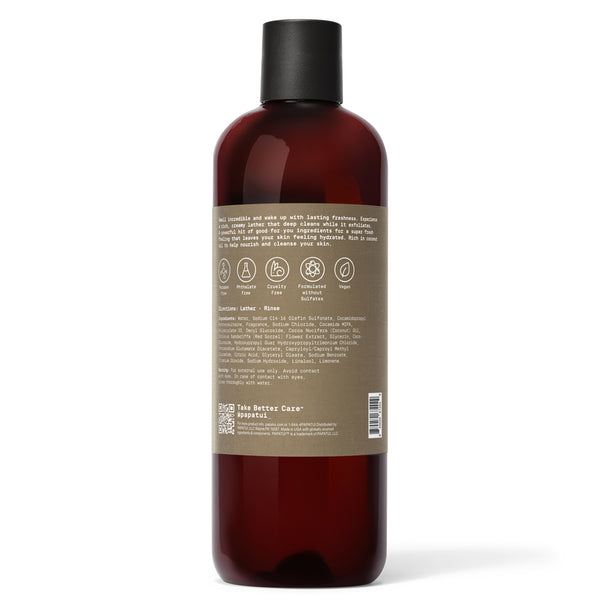 Papatui Sandalwood Suede body wash bottle on a white background - back of pack