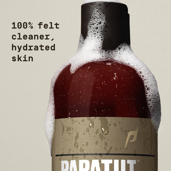 Body wash bubbles on bottle with "100% felt cleaner, hydrated skin" text overlay - Papatui Body Wash