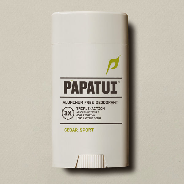 Papatui Cedar Sport Aluminum Free Deodorant on a beige background - front of pack
