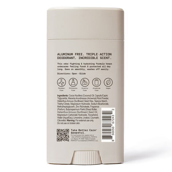 Back of a Papatui deodorant on a white background.