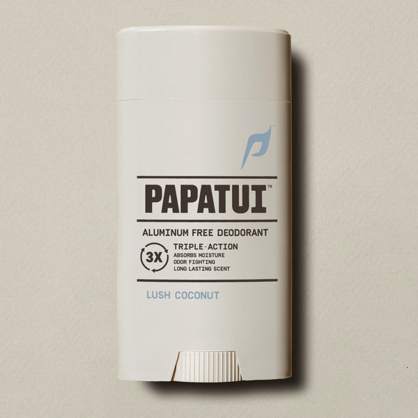 Papatui Lush Coconut Aluminum Free Deodorant on a beige background - front of pack