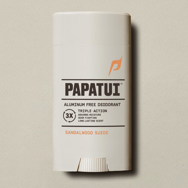 Papatui Sandalwood Suede Aluminum Free Deodorant on a beige background - front of pack
