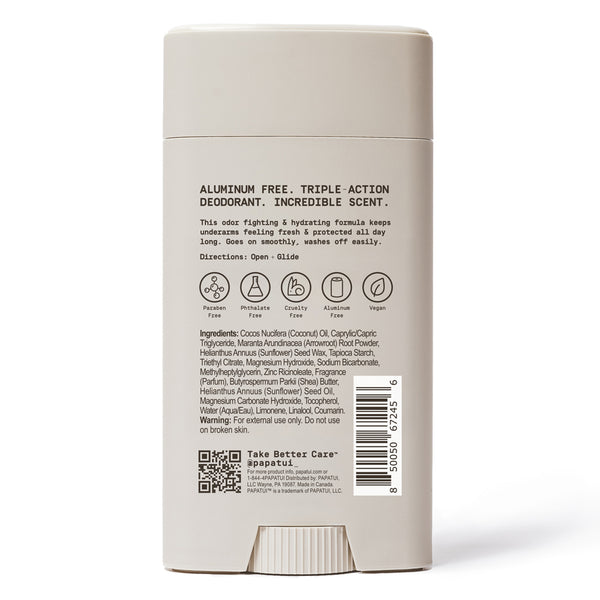 Back of a Papatui deodorant on a white background.