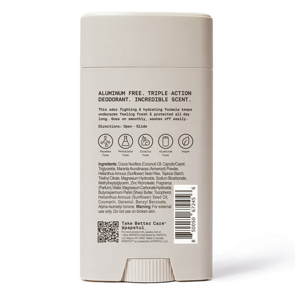 Back of a Papatui deodorant on a white background