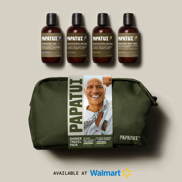 Papatui holiday gift set shower travel pack dopp kit includes a green bathroom bag with Dwayne "The Rock" Johnson on the cover with lush coconut and cedar sport body wash and shampoo and conditioner. Available at Walmart.