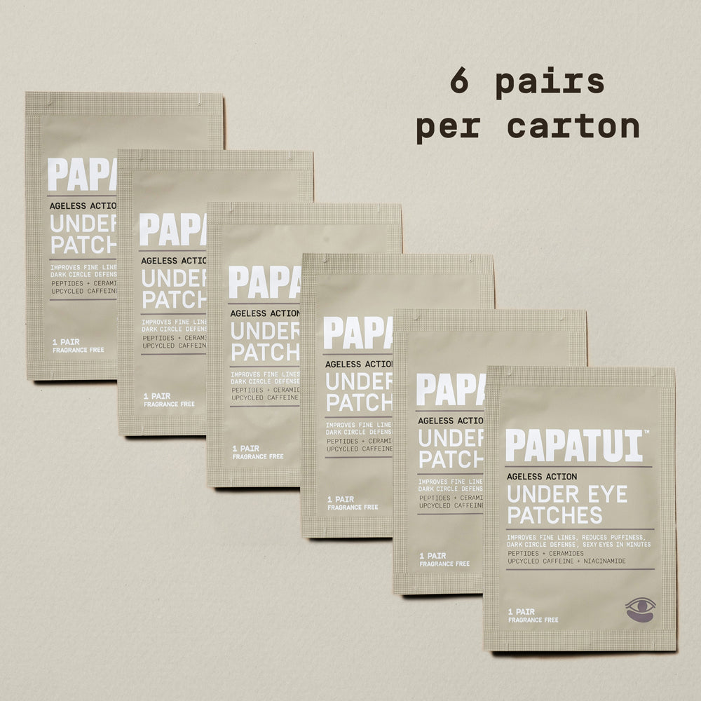 6 sleeves of PAPATUI Under Eye 
Patches against a neutral background with text overlay that reads "6 pairs per carton"