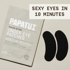 PAPATUI™ Ageless Action Under Eye Patches single-use sachet of next to two black hydrogel patches. The packaging emphasizes quick results: 