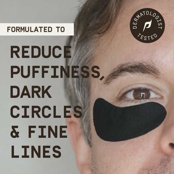 PAPATUI™ Ageless Action Under Eye Patches  A close-up of a man wearing one PAPATUI™ Under Eye Patch. Text states, "Formulated to Reduce Puffiness, Dark Circles & Fine Lines." A "Dermatologist Tested" badge reinforces the product’s efficacy.