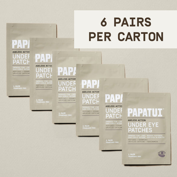 PAPATUI™ Ageless Action Under Eye Patches Six sachets of PAPATUI™ Under Eye Patches fanned out, displaying the "6 Pairs Per Carton" packaging.